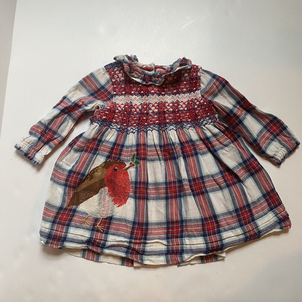 Baby Boden Plaid Flannel Smocked Dress With Embroidered Robin